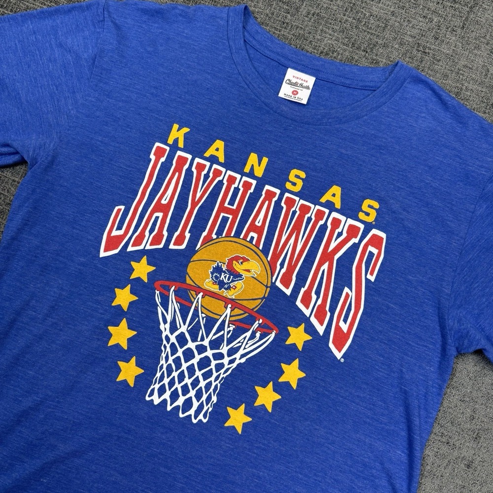 Charlie Hustle Kansas Jayhawks Basketball‎ T Shirt Men's Medium Blue Hoop NCAA